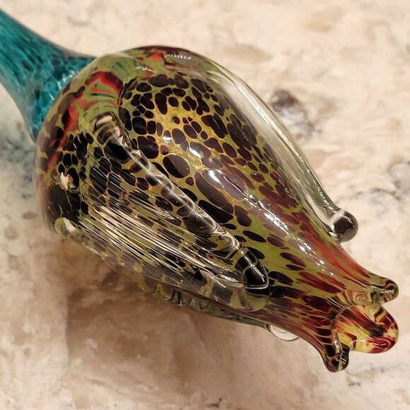 Vintage Czech Art Glass Flower Tulip Hand Blown Glass Turquoise Gold Long Stem - Picture 1 of 11